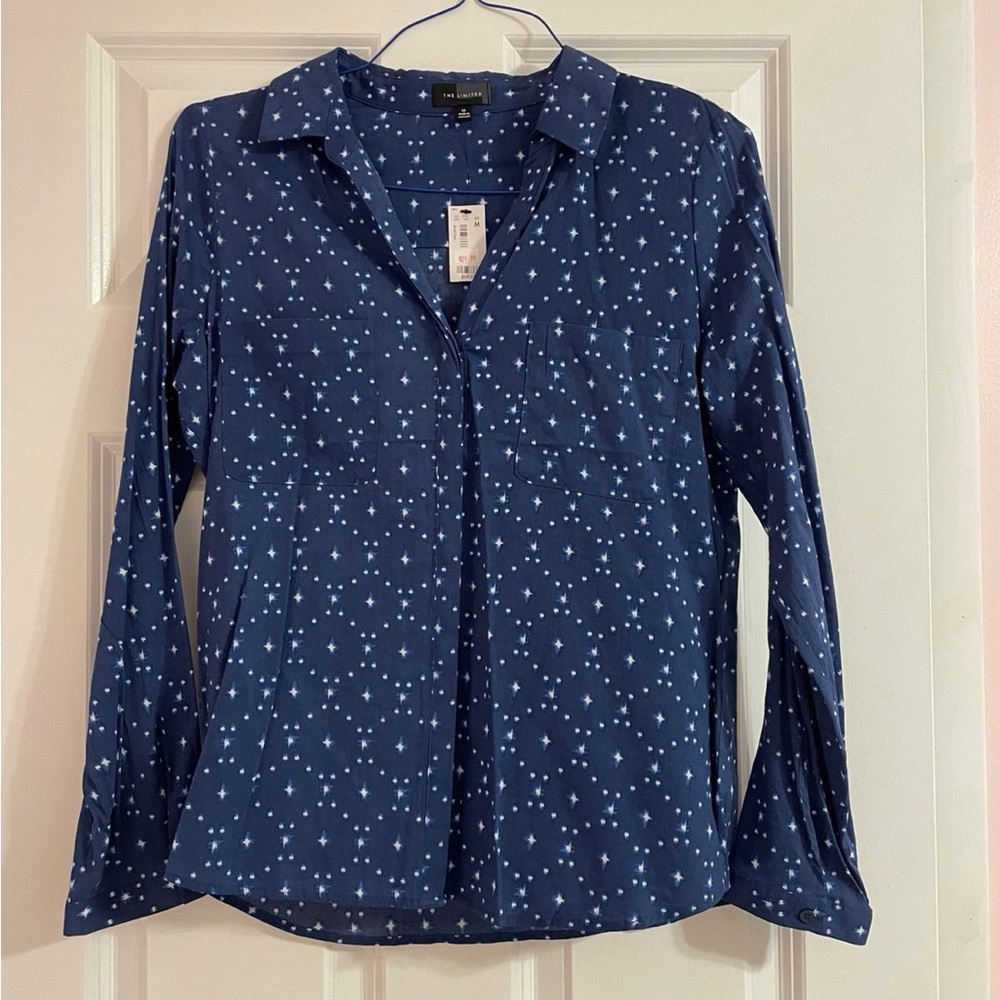 NWT The Limited printed navy blue long sleeve button up collared shirt, medium